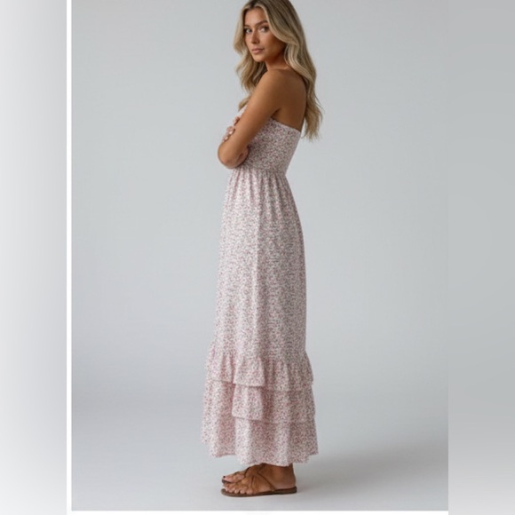 Floral Print Shirred Strapless Ruffle Hem Dress - Picture 3 of 8